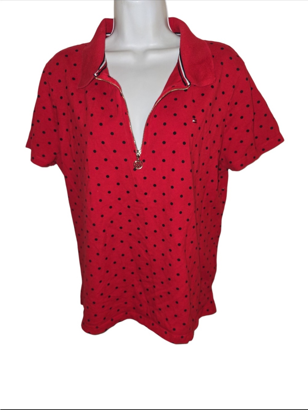 Tommy Hilfiger Red Short-Sleeve Polka Dot Zip Polo SZ XL